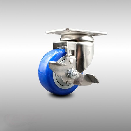 Service Caster 3.5 Inch 316SS Blue Polyurethane Wheel Swivel Top Plate Caster with Brake SCC SCC-SS31620S3514-PPUB-BLUE-TLB